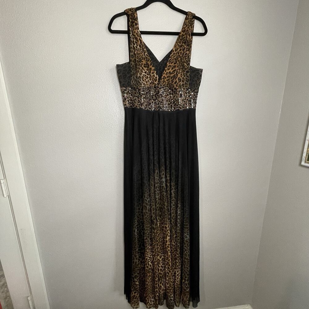 ALBERTO MAKALI 90s Y2K Brown Leopard Print Goddess Gown Sz 12 Dress Beaded
